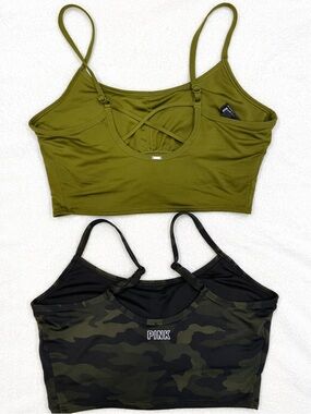 Victoria’s Secret PINK Crop Workout Tank Set Built-in Bra Camo Green Women’s S
